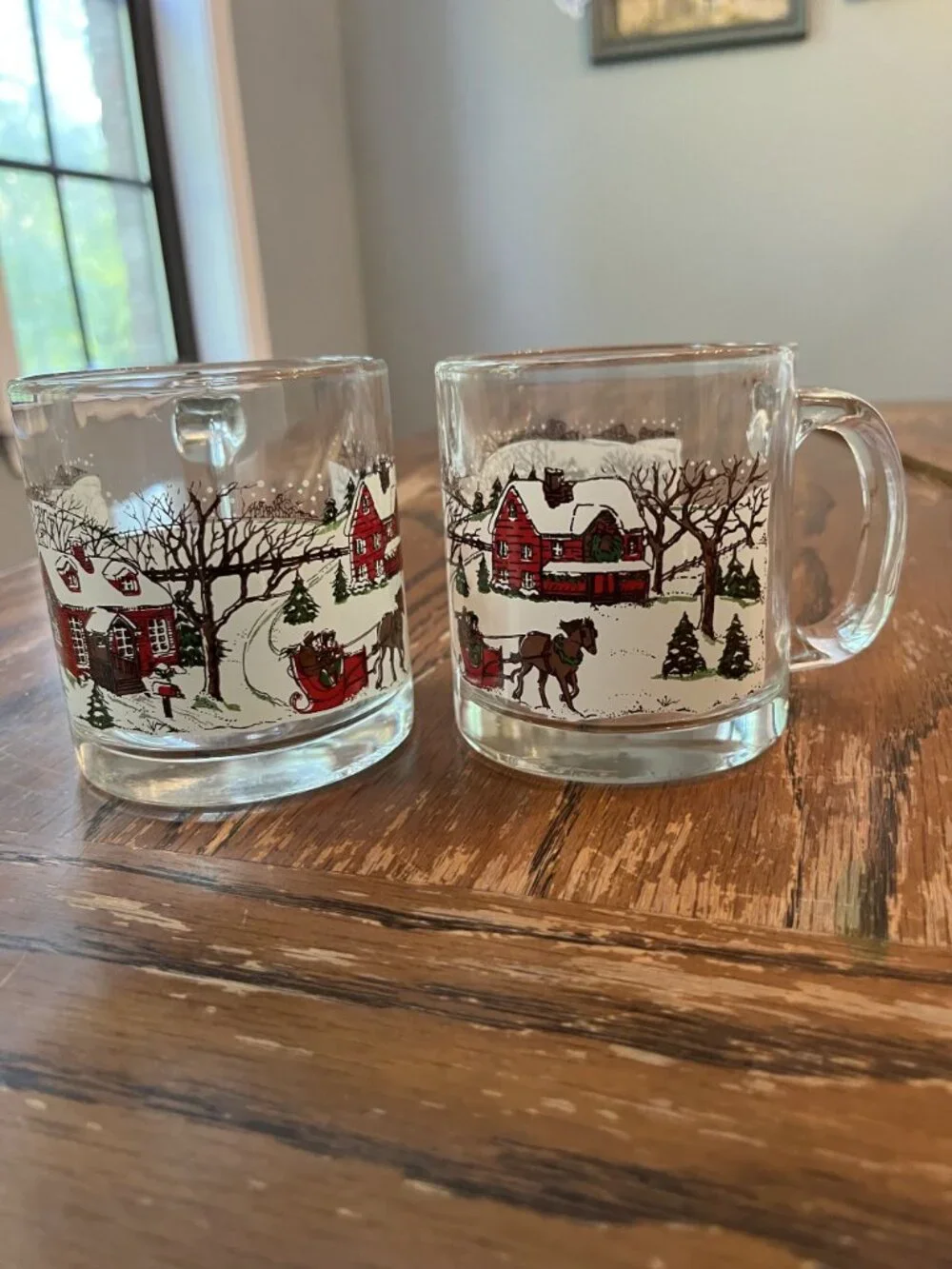 Vintage Libbey Christmas Mugs Snowy Winter Scene Clear Glass Set Of 2